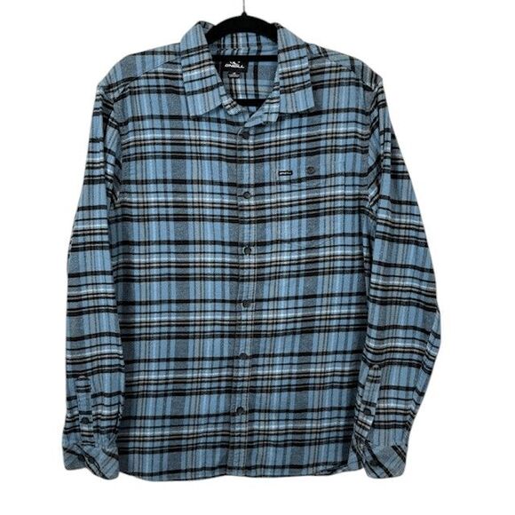 O'Neill Redmond Flannel Shirt Blue Plaid Flat Front Button Pocket Size Medium - Picture 1 of 11